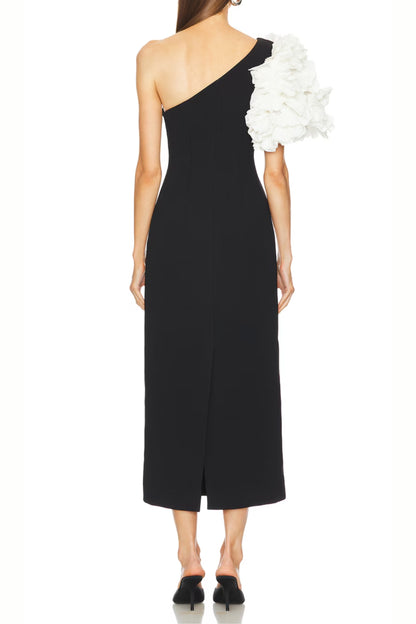 white flower embellished strapless black  midi dress