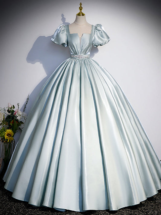 A-Line Blue Satin Prom Dress