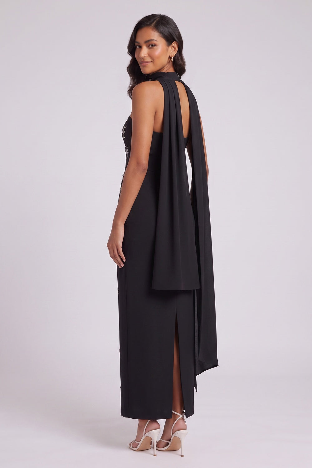 Black Crepe Column Maxi Dress with Silver Embellishment and Cape Detail black crepe maxi dress - product view 5