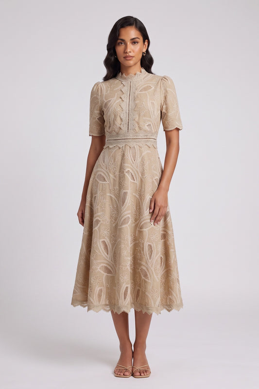 Beige Embroidered Organza A-Line Midi Dress beige embroidered organza or linen-blend dress - product view 1