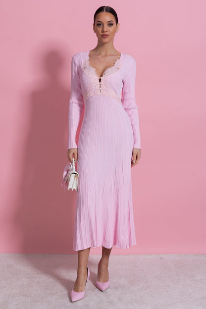 apphia Pink Contrast Lace Knit Midi Dress