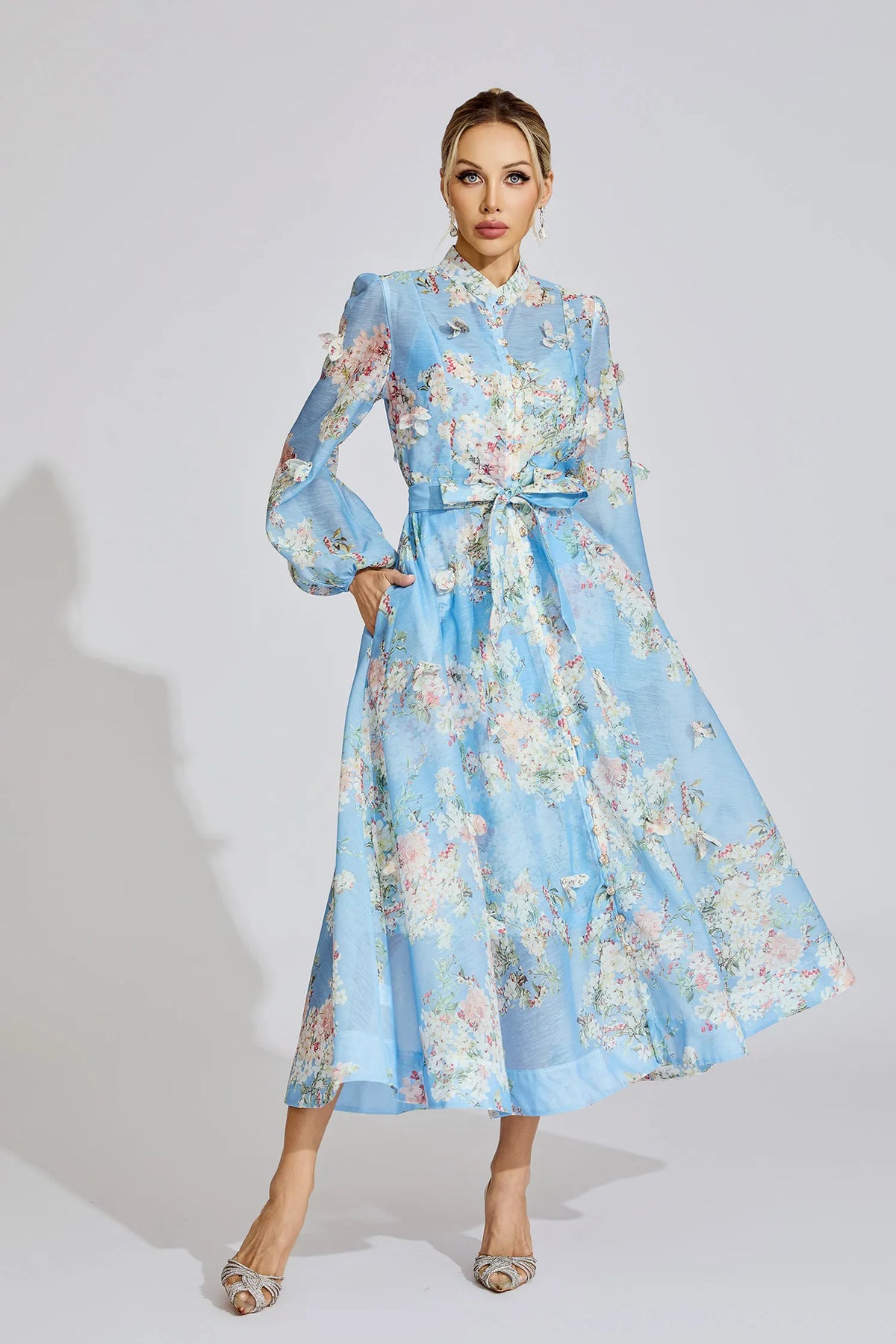 tiffany pale blue floral Printed puff sleeve Maxi Dress