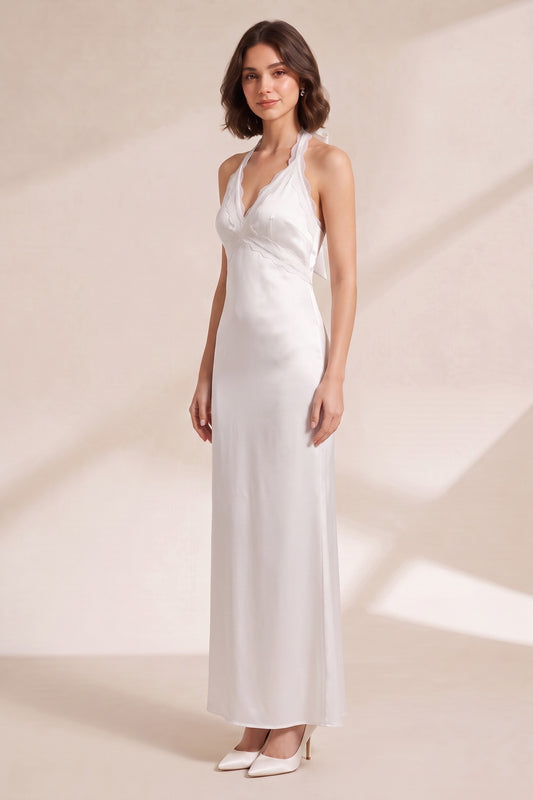 White Halter Maxi Dress with Lace Trim Premium Fabric - product view 1