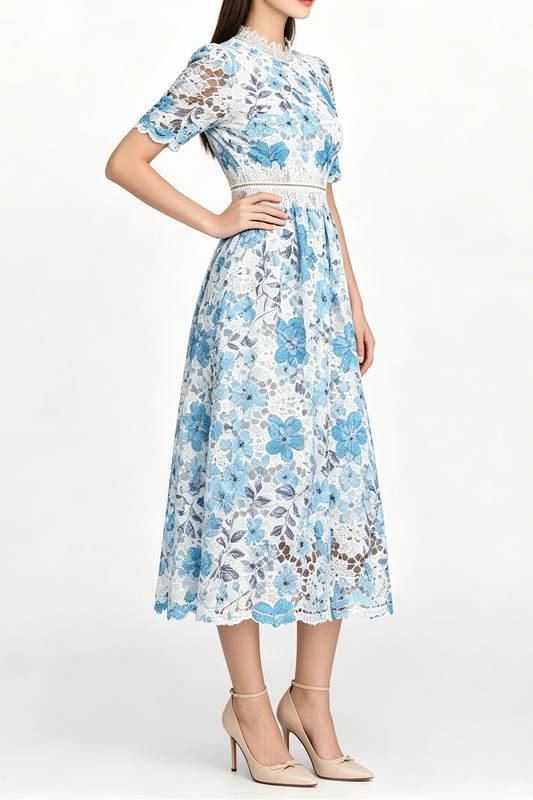 Blue Floral Hollow Lace High Neck Short Puff Sleeve Midi A-Line Dress