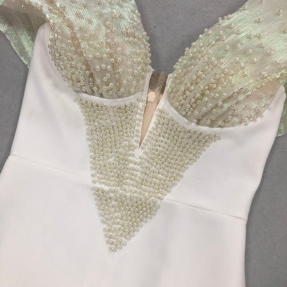 Off-Shoulder pearl embellished bodycon maxi dress in white