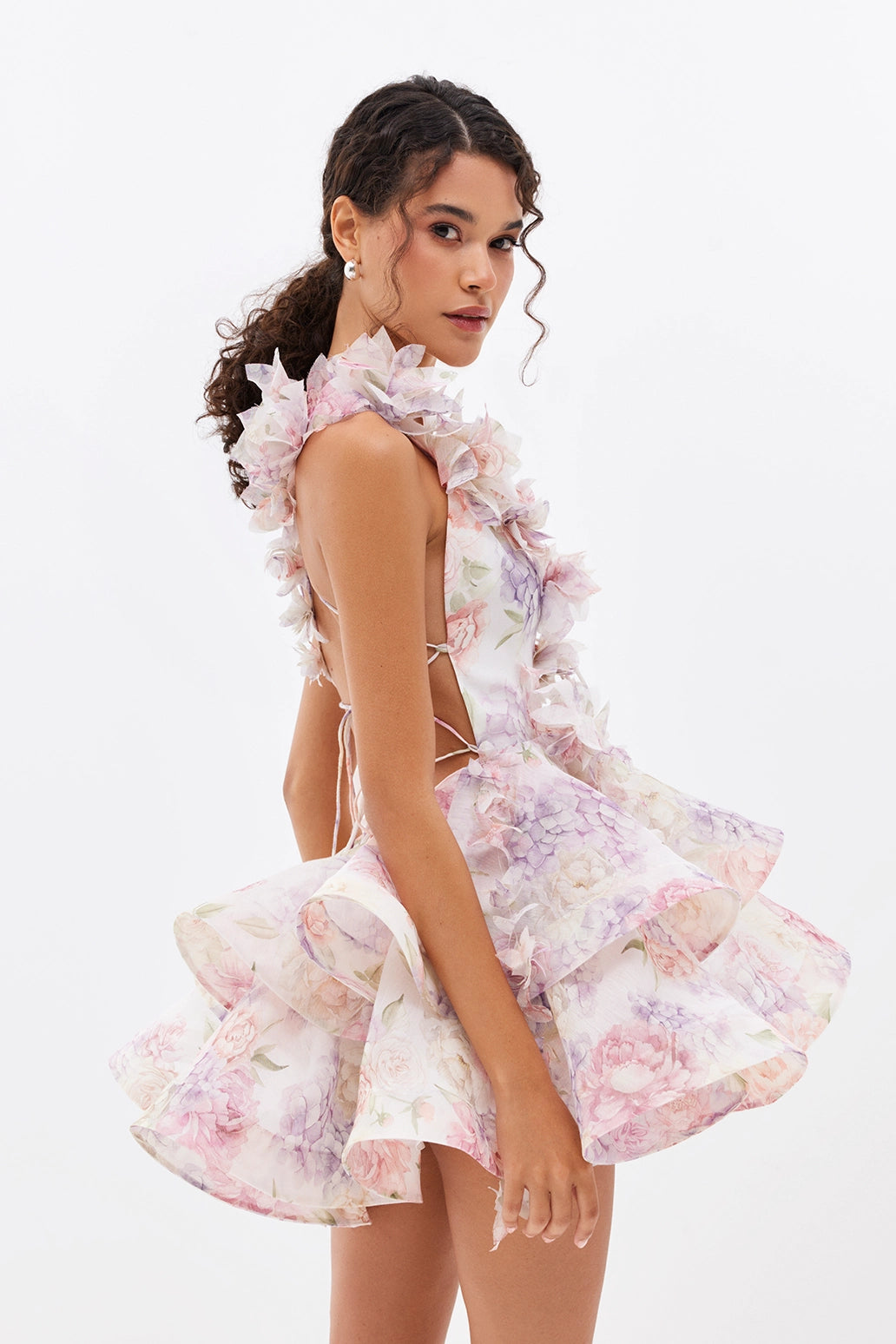 helen 3D Flower Chiffon Ruffle Mini Dress in pink