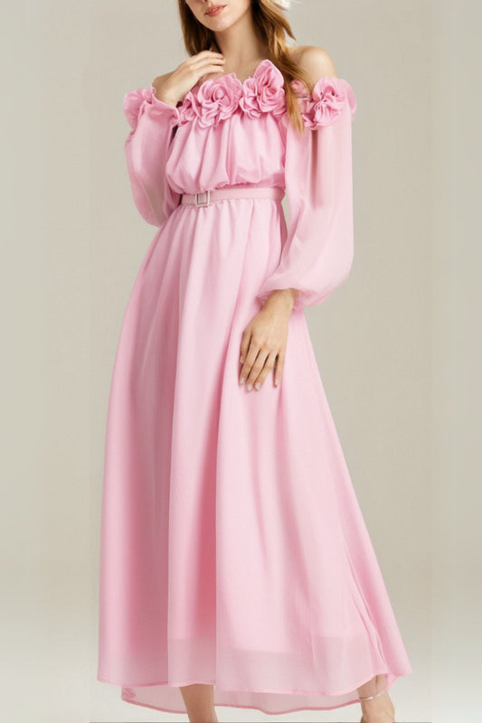 ascella flower shoulder maxi dress in pink