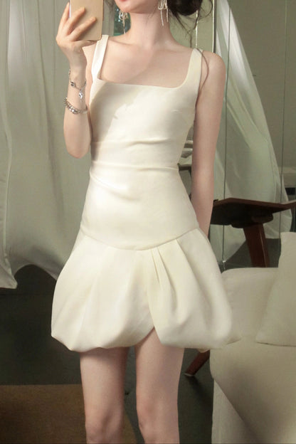 arabela square neck bud mini dress in beige