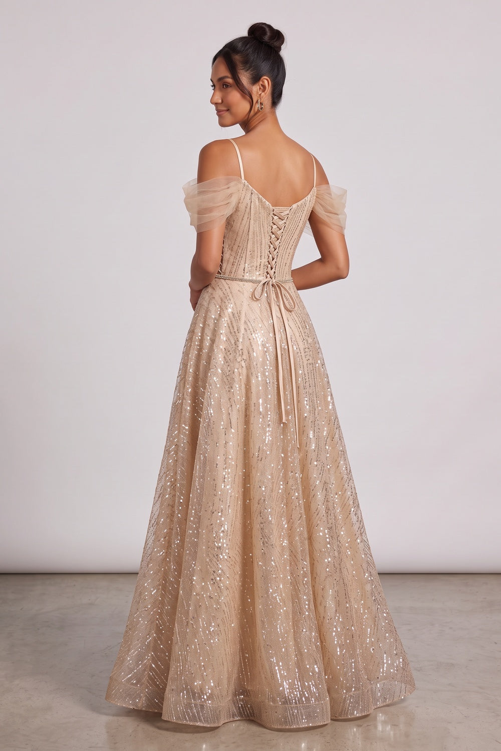 champagne gold glitter tulle a-line evening gown champagne gold glitter tulle evening gown - product view 5