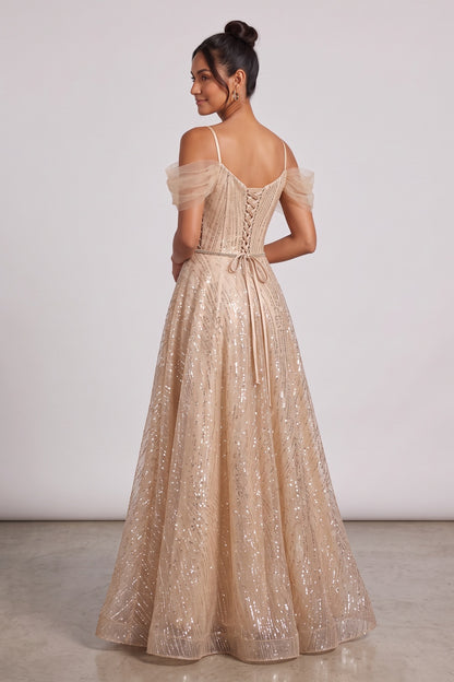 champagne gold glitter tulle a-line evening gown champagne gold glitter tulle evening gown - product view 5
