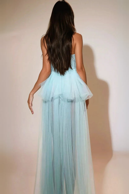 Kalene Strapless Ruffle Tulle Dress In Blue