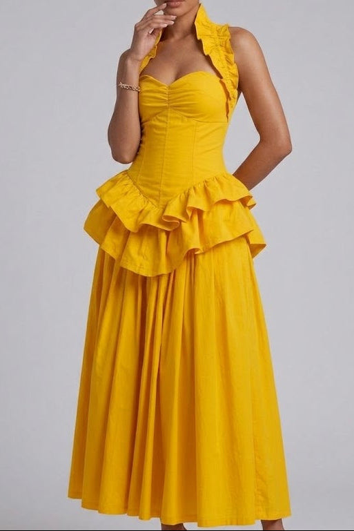 Yellow Ruffled Peplum Midi Dress Premium Fabric - product view 1