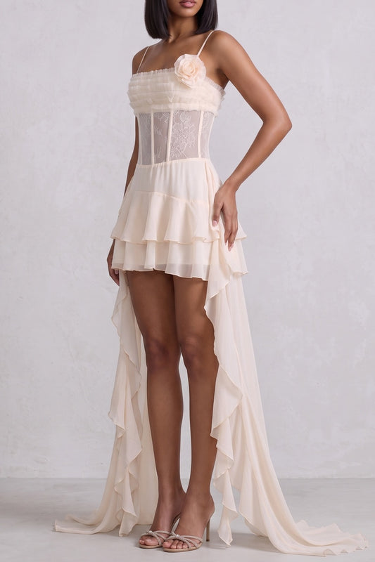 Spaghetti Strap Lace Corset High Low Ruffle Mini Dress