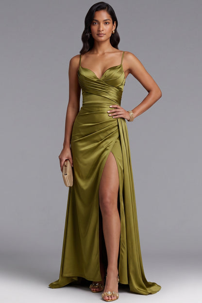 Olive Green Satin Evening Gown with Draped Bodice and High Slit Premium Fabric - product view 1