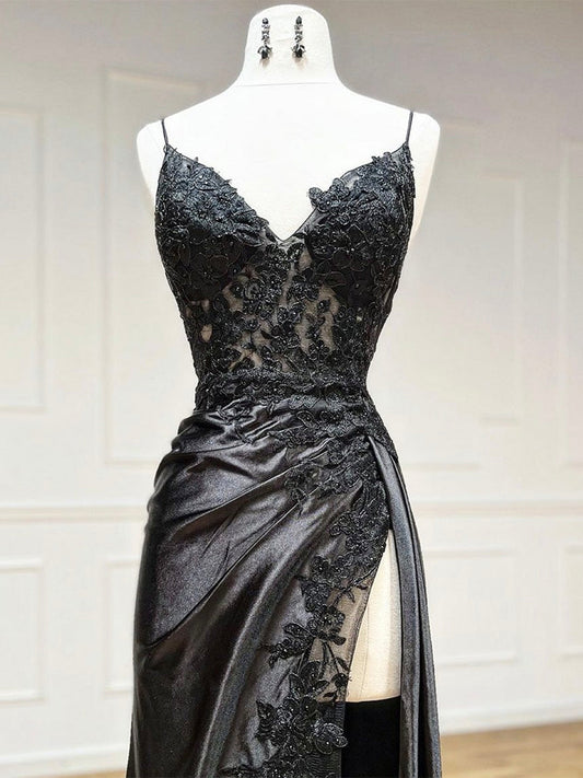 Mermaid V Neck Satin Lace Black Dress