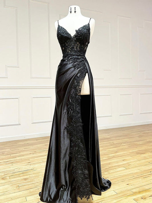 Mermaid V Neck Satin Lace Black Dress