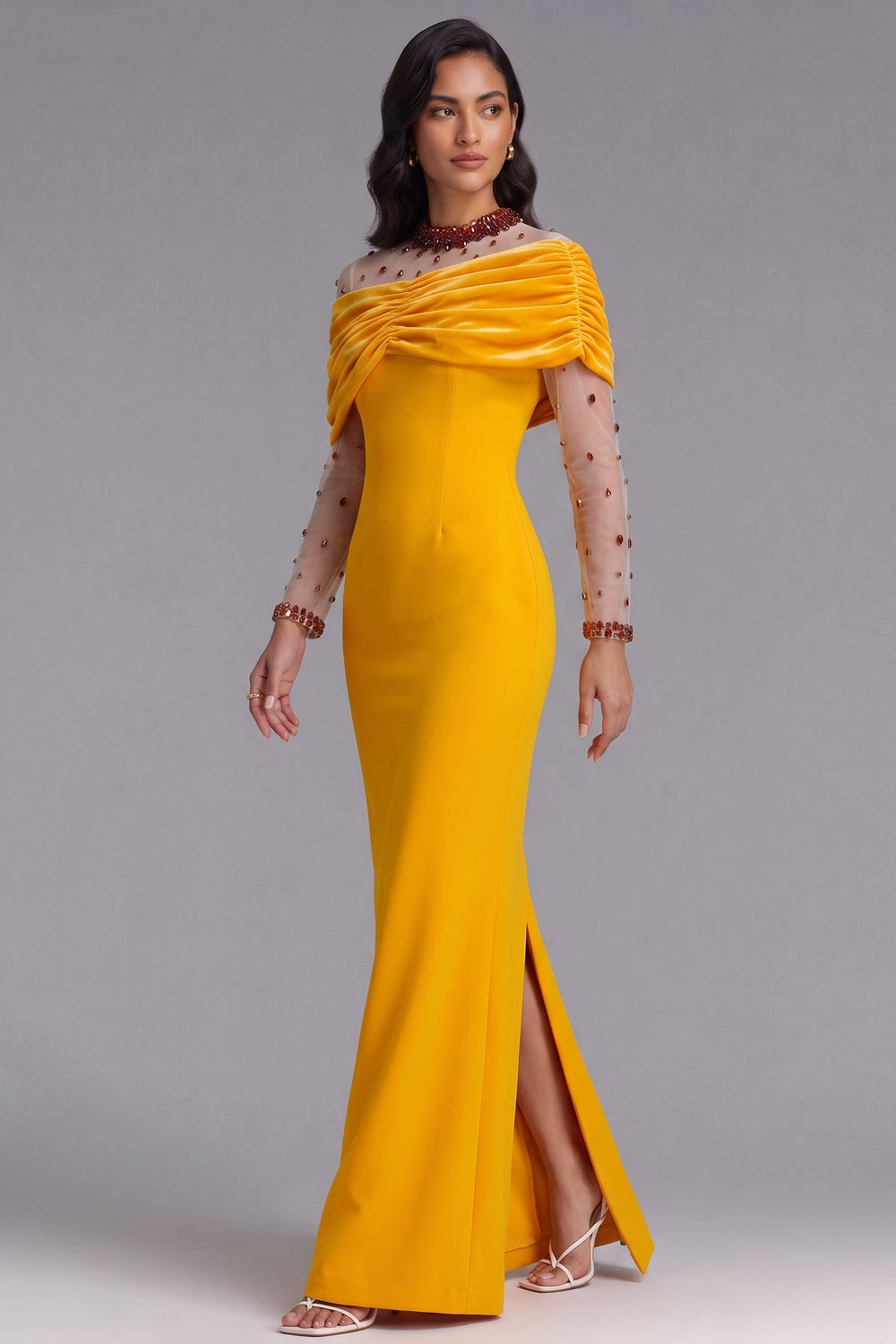 Yellow Velvet Off-Shoulder Beaded Evening Gown Premium Fabric - product view 1