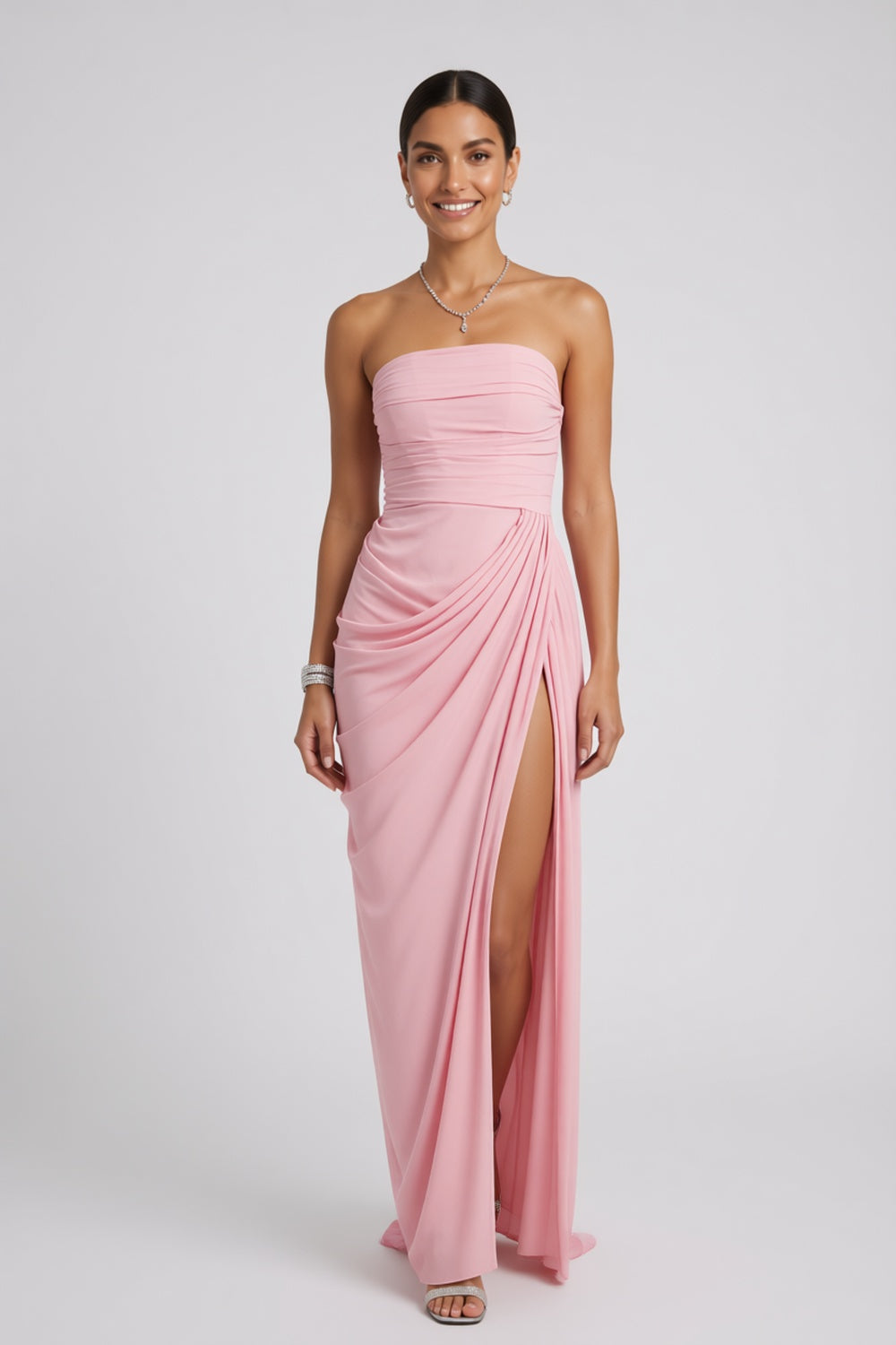 Pastel Pink Lightweight woven crepe or chiffon Column with asymmetric side drape Evening Gown Pastel Pink Lightweight woven crepe or chiffon Evening Gown - product view 4
