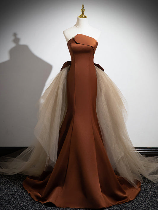 Brown Mermaid Satin Tulle Prom Dress