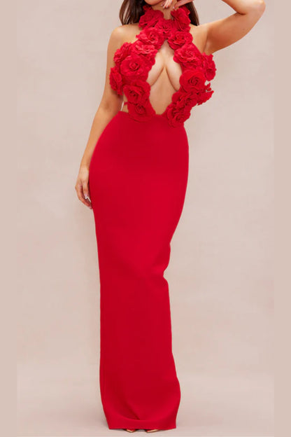 halter 3d flower hollow out backless maxi dress in red