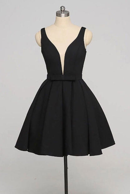 v neck black mini prom dress