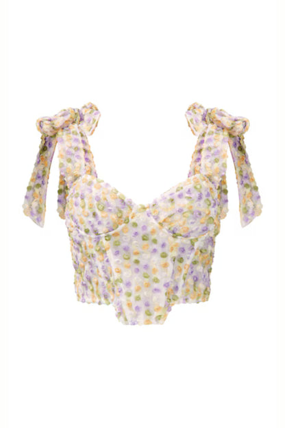 White Textured Floral Bow Strap Crop Top
