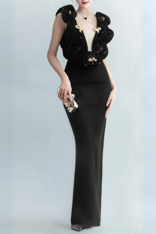 ruffled top with gold accents maxi dress