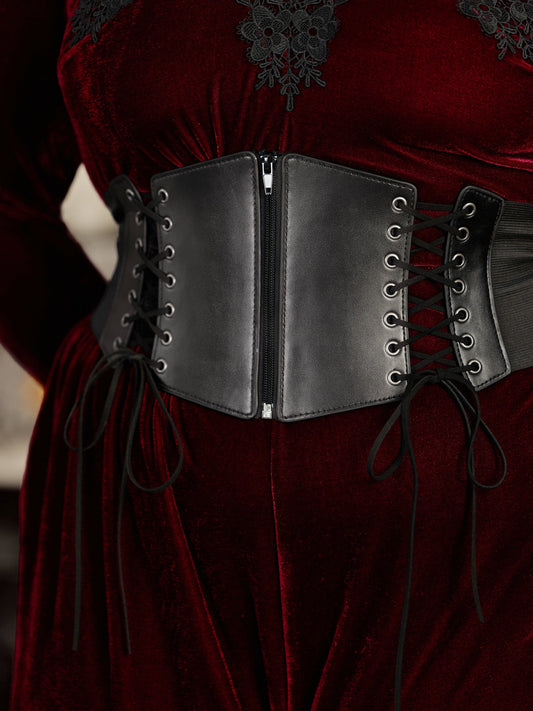 Faux Leather Lace‑Up Zipper Corset Waist Belt