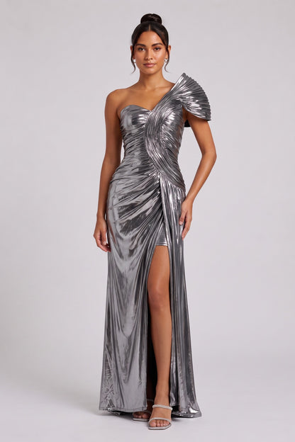 Silver Metallic One-Shoulder Draped Maxi Dress Premium Fabric - product view 1