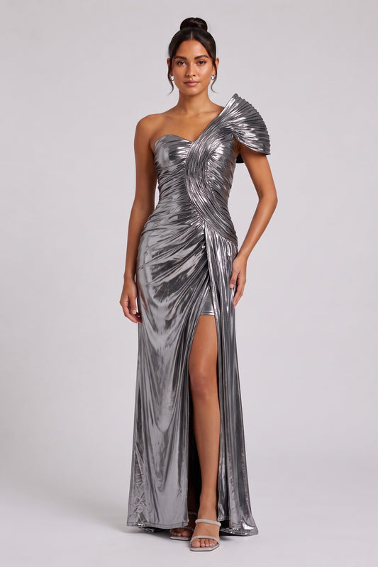 Silver Metallic One-Shoulder Draped Maxi Dress Premium Fabric - product view 1