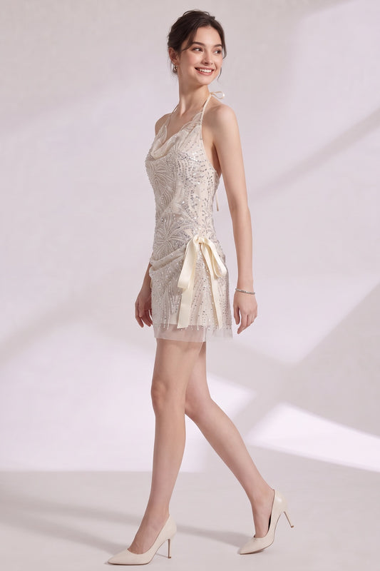 Ivory Sheer Mesh Beaded A-Line Mini Dress ivory, cream sheer mesh dress - product view 2
