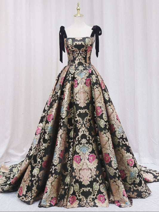 Black/Gold Satin A-Line Long Prom Dress