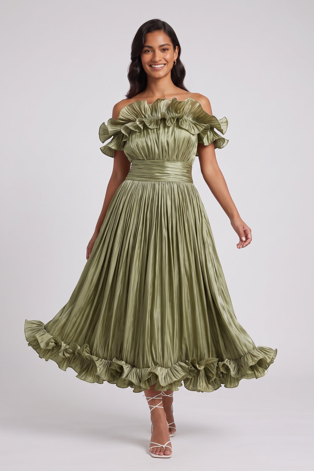 olive green pleated satin or taffeta fit-and-flare, off-the-shoulder midi dress olive green pleated satin or taffeta midi dress - product view 1