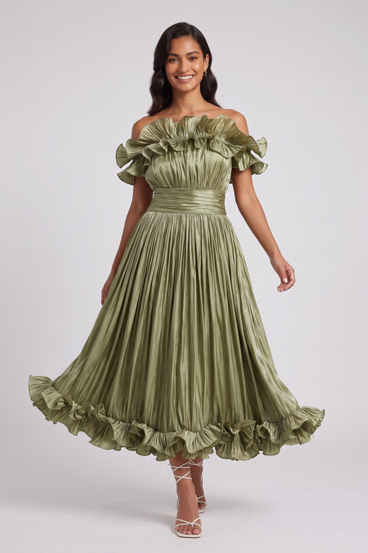 olive green pleated satin or taffeta fit-and-flare, off-the-shoulder midi dress olive green pleated satin or taffeta midi dress - product view 1