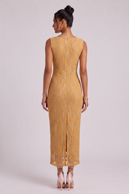 Mustard Yellow Textured Floral Lace Sheath Dress