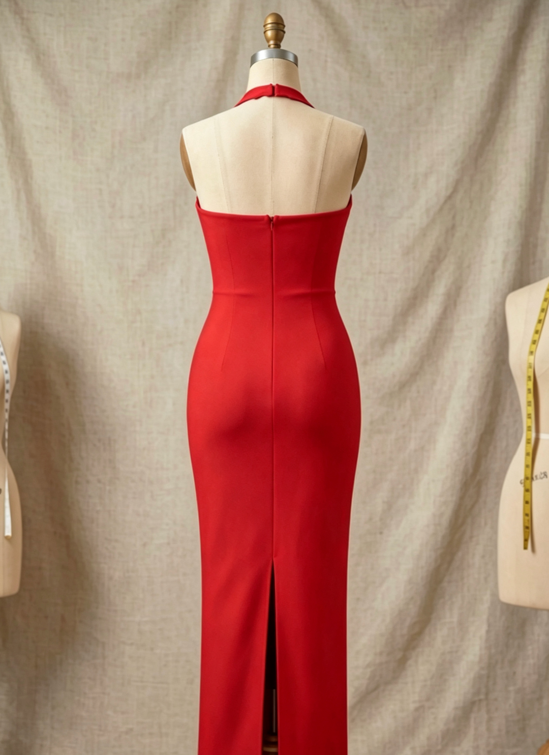 Red Heavy Knit Sheath Dress with Scalloped Halter