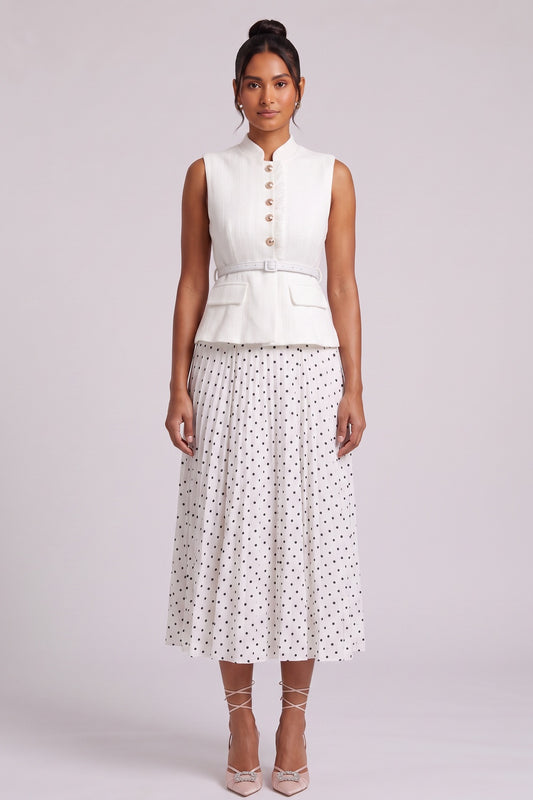Premium Fabric Two-Piece Set - White Peplum Top & Polka Dot Midi Skirt Premium Fabric - product view 3