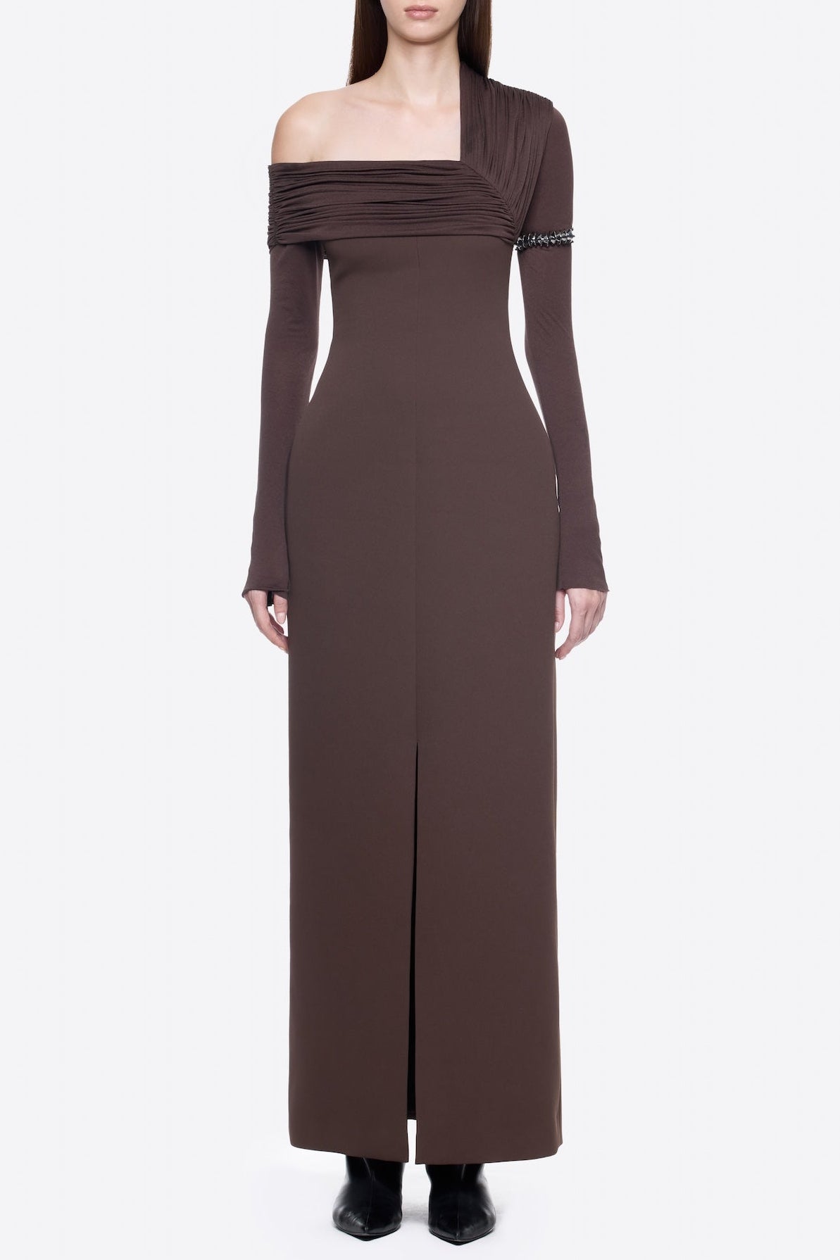 sibyl asymmetric off-shoulder draping slit maxi dress in brown