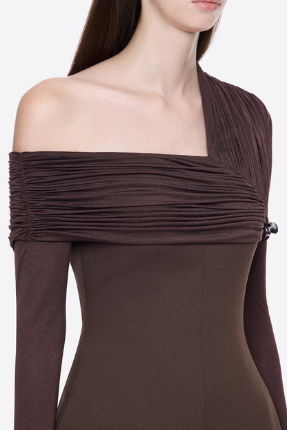 sibyl asymmetric off-shoulder draping slit maxi dress in brown
