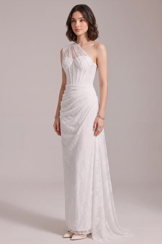 White Floral Lace One-Shoulder Column Gown white floral lace gown - product view 2