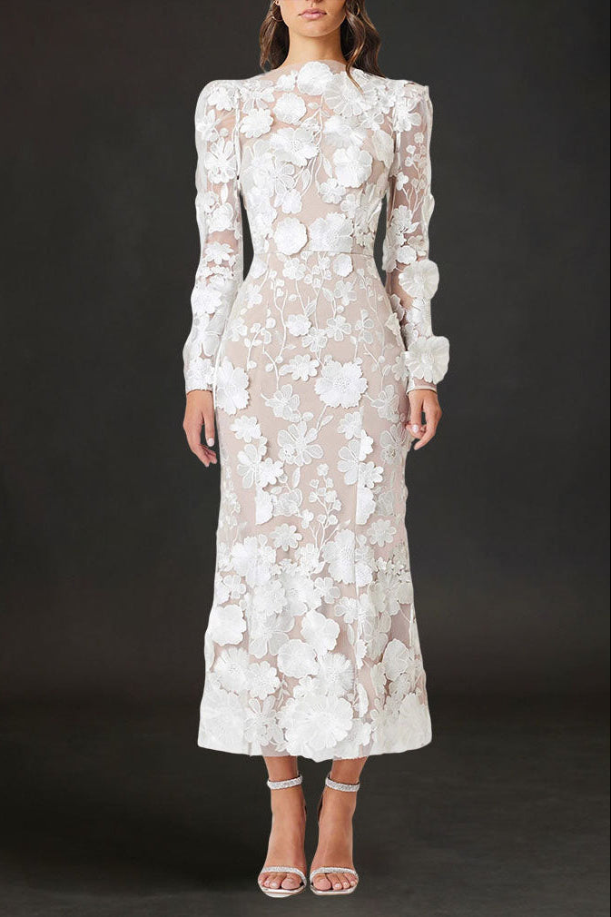 Shannon 3D Floral Midi Dress In White