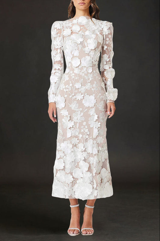Shannon 3D Floral Midi Dress In White