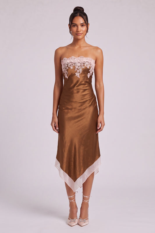 Bronze Satin Sheath Dress with Lace Applique bronze satin dress - product view 3