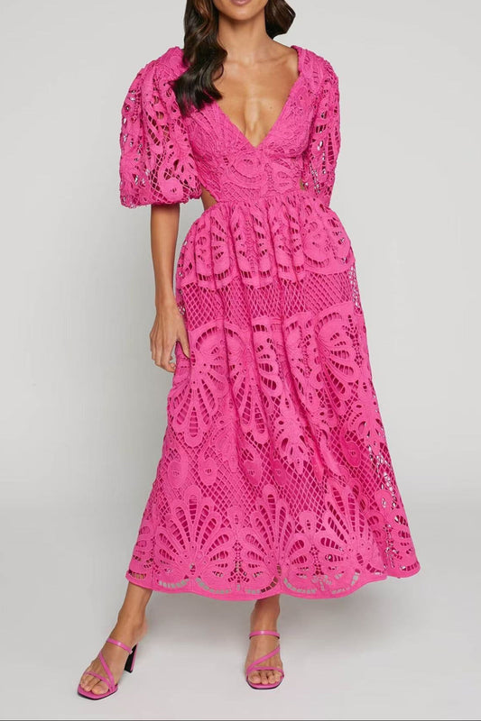 V Neck Cut Out Lace Midi Dress