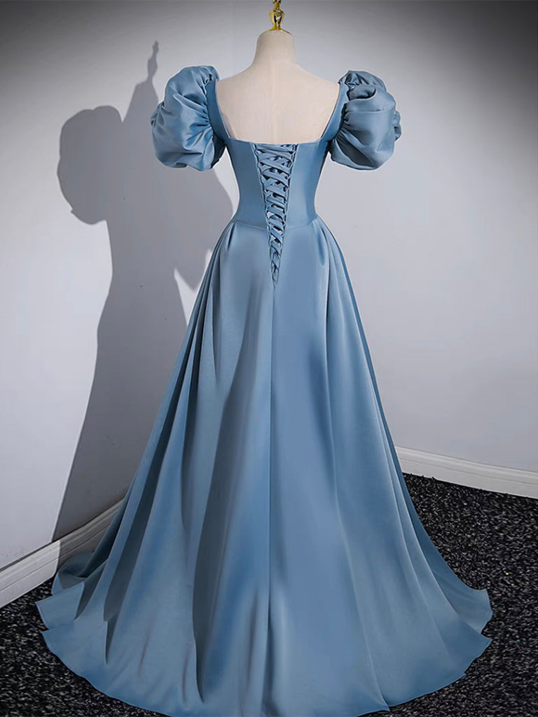 A-Line Satin Blue Long Prom Dress