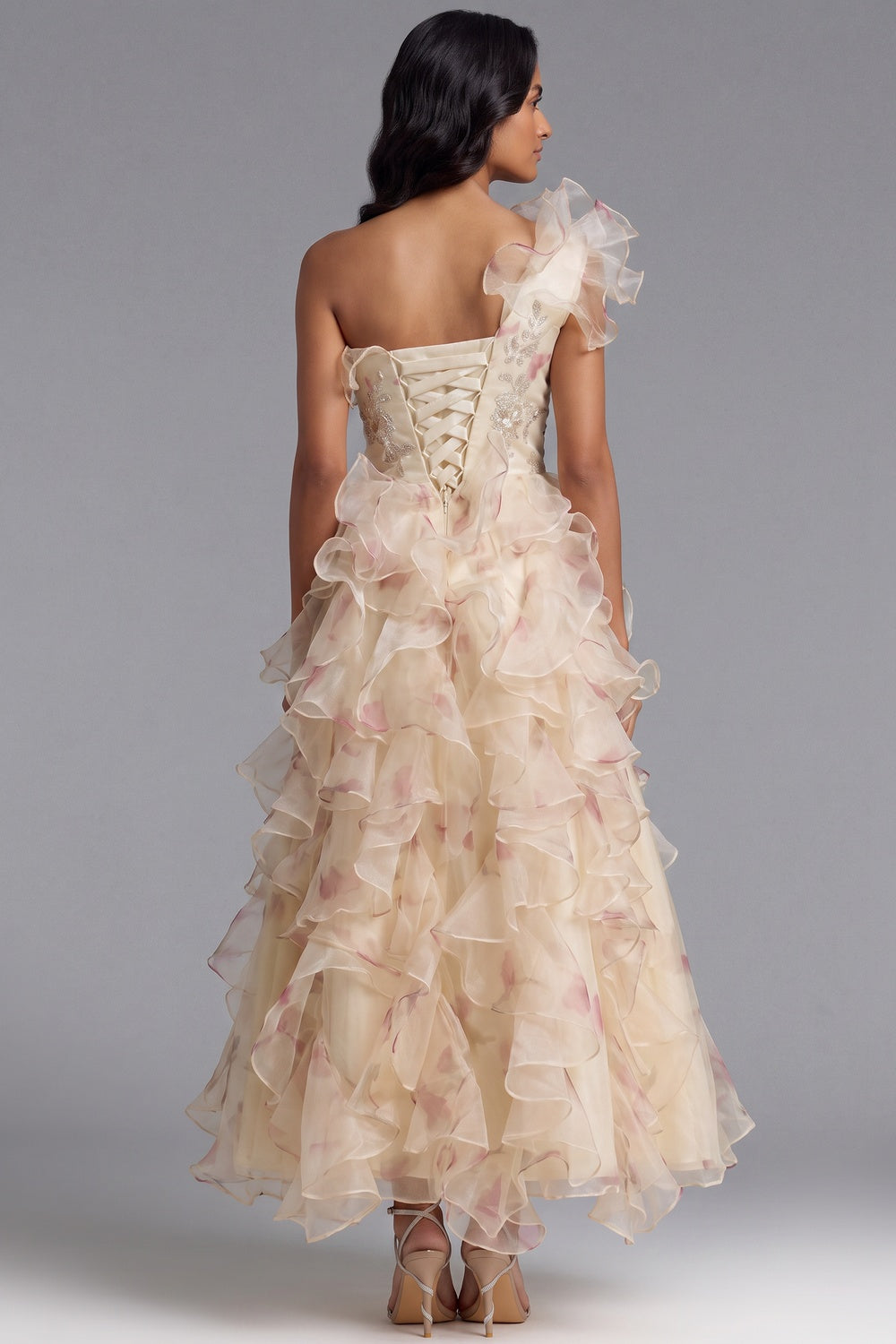One-Shoulder Ruffled Floor-Length Dress with Corset Back Premium Fabric - product view 1