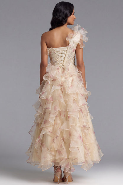 One-Shoulder Ruffled Floor-Length Dress with Corset Back Premium Fabric - product view 1