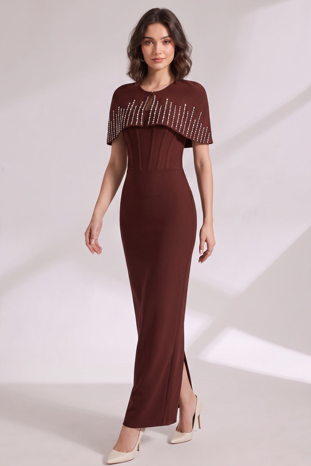 Dark Brown Structured Crepe Column Dress with Capelet Overlay dark brown structured crepe dress with capelet overlay - product view 3