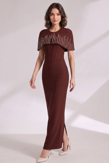 Dark Brown Structured Crepe Column Dress with Capelet Overlay dark brown structured crepe dress with capelet overlay - product view 3
