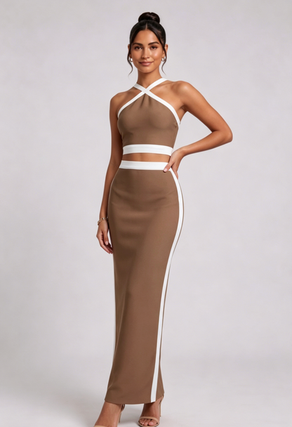 Brown Structured Knit Two-Piece Set with Criss-Cross Halter Crop Top and Maxi Skirt
